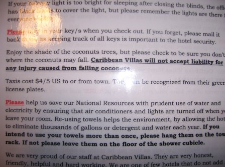 On the bright side, no coconuts fell on my head.  Because, as the hotel guidelines stated, they are not liable for rogue coconuts.
