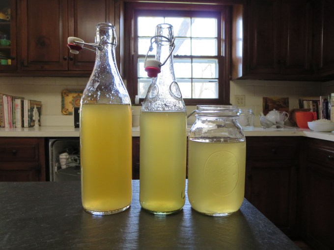 After the first fermentation, I strained the grains and poured the liquid into jars.